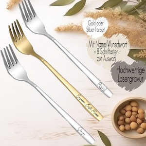 Kuchengabel mit Namen oder Wunschtext zur Hochzeit Geburtstag Feier | Gabel Gold Silber Farben mit Gravur | Gastgeschenk Platzkarte Freunde