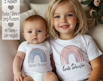 Großer Bruder T-Shirt Body Bügelbild kleine Schwester | Schwangerschaftsbekanntgabe | Geschwister Outfit personalisiert Namen Regenbogen