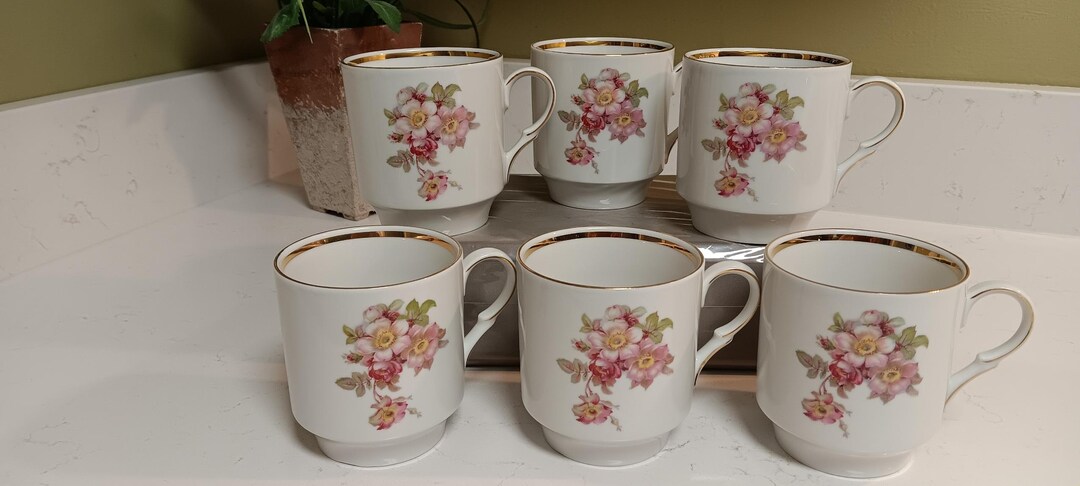 6 - Vintage Schumann Bavaria Briar Rose Floral Design Tea / Coffee Mugs ...