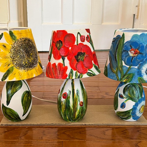 Hand-painted Lamps, Lamp shades, night light, flowers, Iris, Sunflowers, Peonies, blue flowers, red poppies, or Custom order