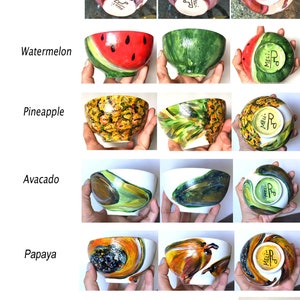 Bols à fruits en porcelaine peints à la main: ananas, pastèque, papaye, avocat, pomme, grenade, chacun vendu séparément. image 1