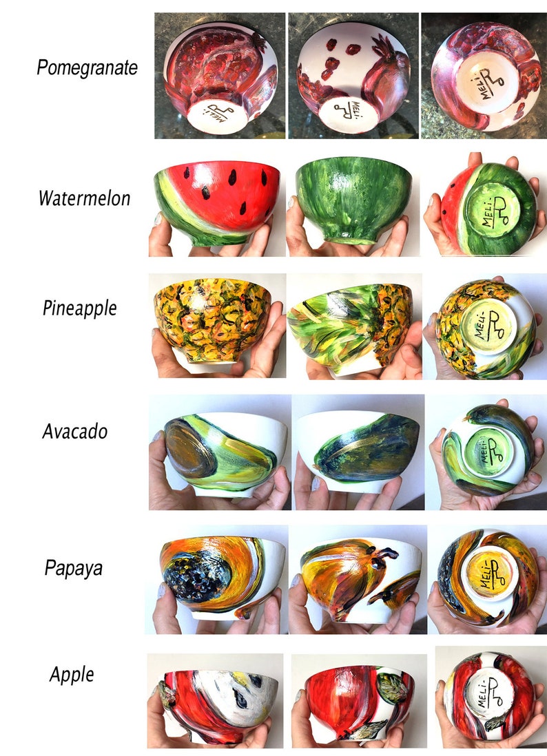 Bols à fruits en porcelaine peints à la main: ananas, pastèque, papaye, avocat, pomme, grenade, chacun vendu séparément. image 1