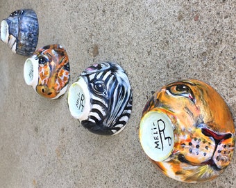 Safari Animal Collection Hand-Painted Porcelain Art Bowls, Zoo, African Wildlife, Zebra, Giraffe, Lion, Elephant
