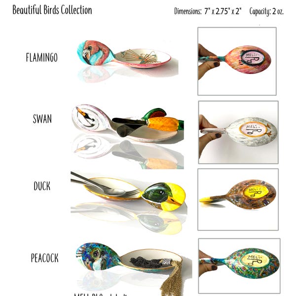 Beautiful Bird Collection, Hand-painted Porcelain Spoon Rest, Tasting Spoon, Trinket Dish. Flamingo, Swan, Duck, Peacock