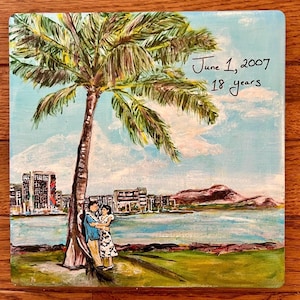 Hand-painted Ceramic Porcelain Tile, Trivet.  Custom order. Wedding, 18th Anniversary, portrait, painting, couples, special gift.