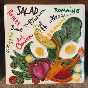 Hand-Painted Porcelain Food Tiles, Hot plates, Trivets: Custom and Original, Recipes, Garden Vegetables, Veggies, Nightshades, Fruit, Salad