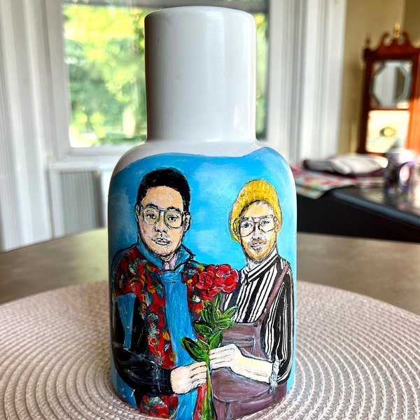 Farmhouse VASE Custom Porcelain HAND-PAINTED.  Portraits, Pets, Baby, Flowers, 18th Anniversary, wedding gift, couples.