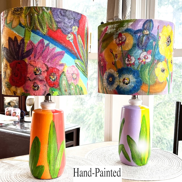 Hand-Painted Ceramic Lamps, Lamp shades, night light, flowers, Custom orders. Office, Table Lamp, Bedroom, Modern Art. Colorful LARGER SIZE!