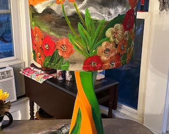 Hand-Painted Ceramic Lamps, Lamp shades, night light, flowers, scenic, Custom orders.  Table Lamp, Modern Art. Colorful LARGER SIZE! 29" H
