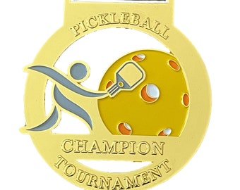Pickleball Medal - Gold - 3' Pickleball Medal Award with Free Ribbon, One Size