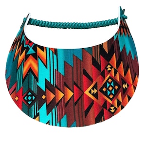 May include: A turquoise, orange, red, and black patterned visor with a teal braided strap.