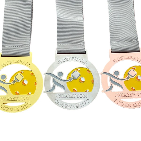 Pickleball Medals, Set of 3 - Gold, Silver & Bronze - 3" Pickleball Medal Award with Free Ribbon