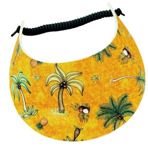 May include: A yellow sun visor with a tropical print featuring palm trees and coconuts. The visor has a black elastic band.