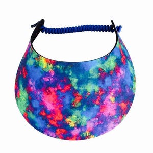 May include: A colorful visor with a vibrant, abstract design. The visor features a blue, pink, green, and yellow pattern. It has a blue elastic band for a secure fit. This accessory is designed to shield the eyes from the sun.