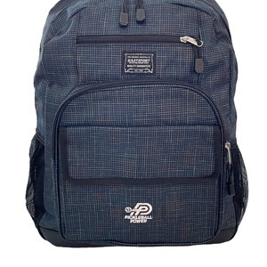 May include: A black and blue checkered backpack with a black zipper and a black handle. The backpack has a white logo that says "Pickleball Power" and a white patch that says "Eastsport Quality Guaranteed Est. 1987".