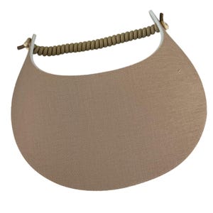 May include: A tan sun visor with a curved brim and a woven, beaded headband. The visor is made of a textured fabric and has a neutral color, suitable for various outfits. The headband is approximately 12 inches long.