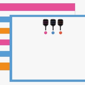 Cartões de notas planos 'em branco' Pickleball com envelopes - ícone Pickleball na frente com listras multicoloridas no verso