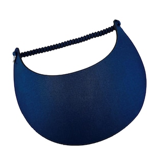 May include: A navy blue visor with a curved brim and a black elastic band. The visor is designed to shield the eyes from the sun. The band is approximately 10 inches long.