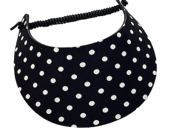 Fabric Foam Coil Sun Visor For Women - "Black w/ Large White Dots" - Pickleball Marketplace