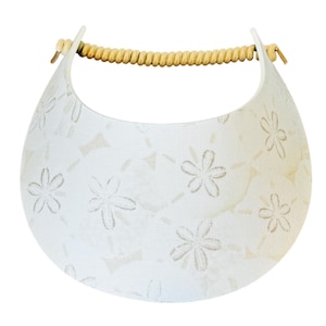 May include: A white sun visor with a floral pattern and a woven rope band. The visor has a curved design and is made of a lightweight material. The floral pattern is a light beige color.