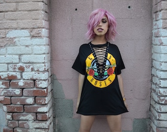LF inspired Top - Lace Up Vintage Black Guns N Roses Shirt