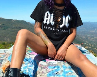 LF inspired Shirt - Lace Up Vintage ACDC Back in Black Band Tee
