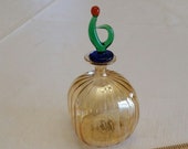 vintage vinciprova murano art glass perfume bottle w stopper dabber - irridescent gold yellow glassware - italy finial italian deco ribbed