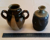 2 vintage signed art stoneware vases - glazed double handle drip pattern bottle pottery bud floral ceramic rustic art deco swirl blue brown