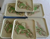 9 vintage white metal tin toleware snack trays w green leaf leaves 10.75 quot x 10.75 quot - retro plant stands patio candles barware outdoor art