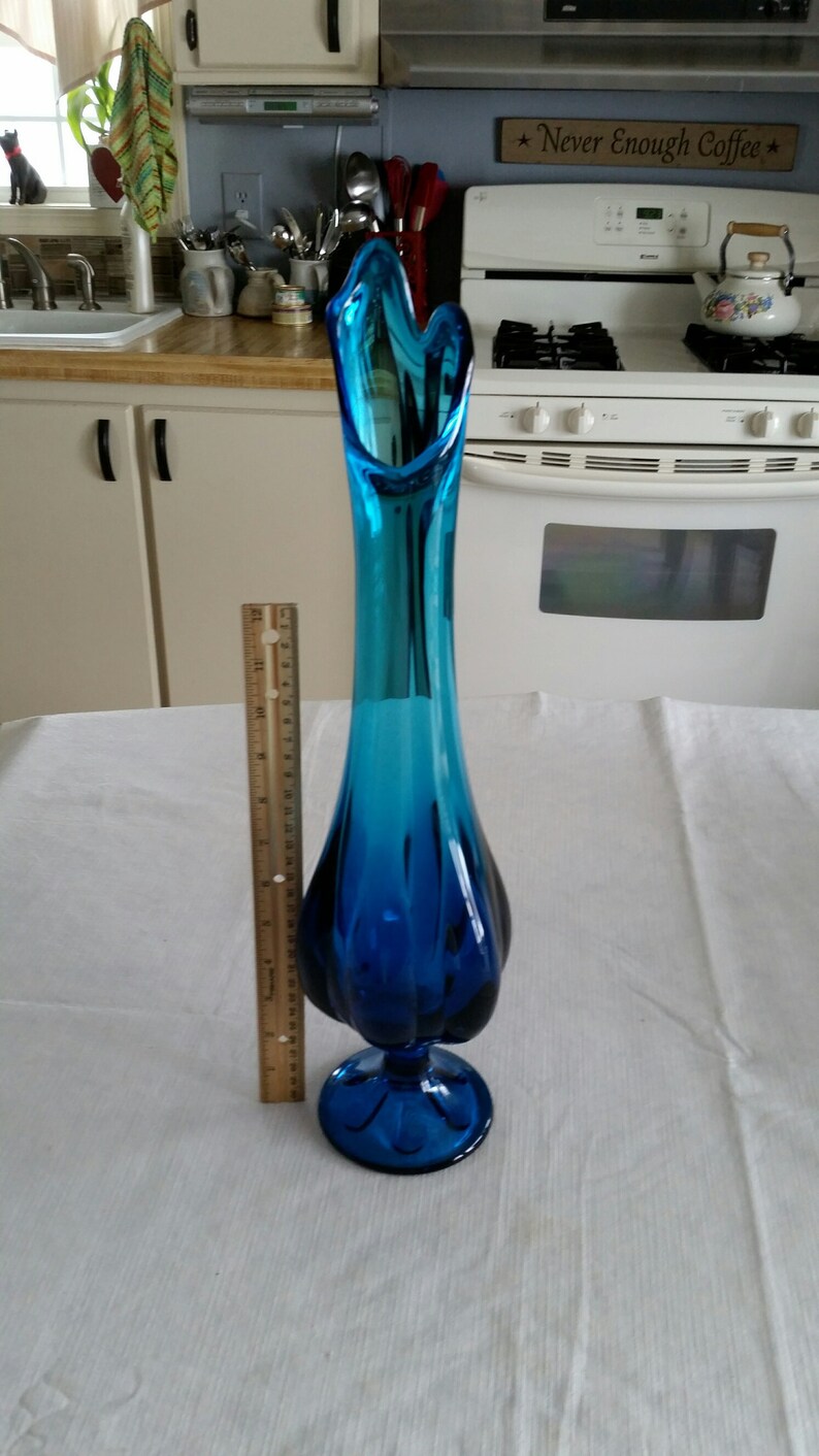 18" blue aqua teal long stem floral vase indiana or fenton glass pedestal flower retro mid century swung stretch glassware art studio il 794xN p4d2