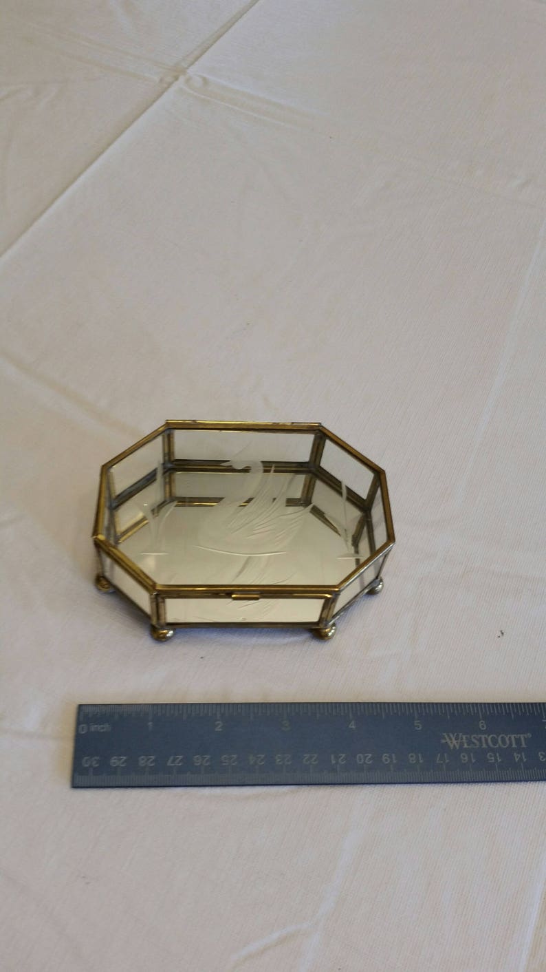 vintage octagon footed brass /& clear glass curio style trinket box case with etched swan and mirror storage retro vanity keepsakes jewelry