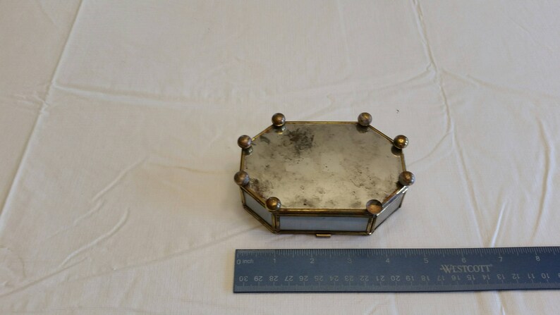 vintage octagon footed brass /& clear glass curio style trinket box case with etched swan and mirror storage retro vanity keepsakes jewelry