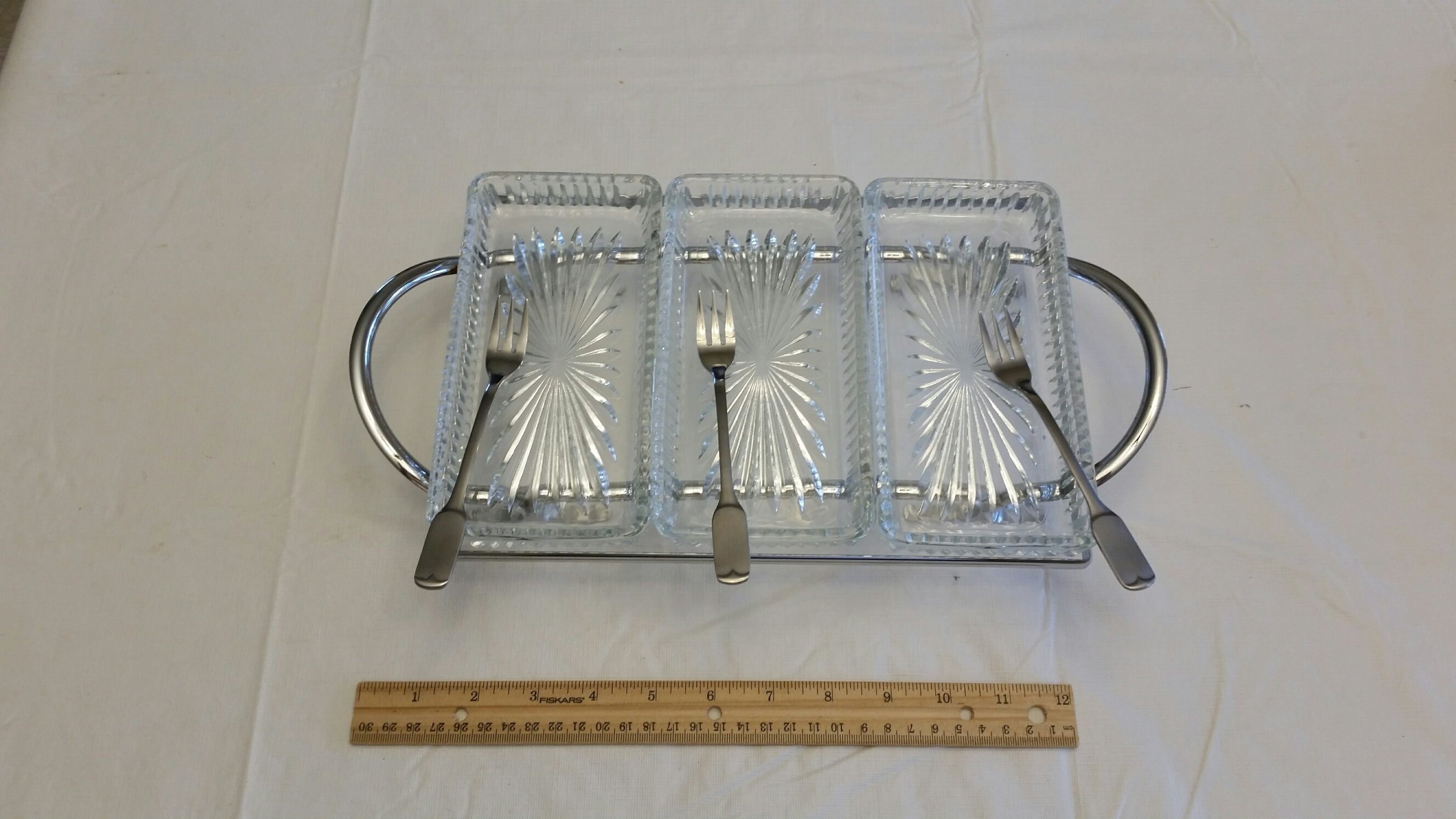 Antique 3 Piece Glass Tray Condiment Relish Dishes W Forks 50