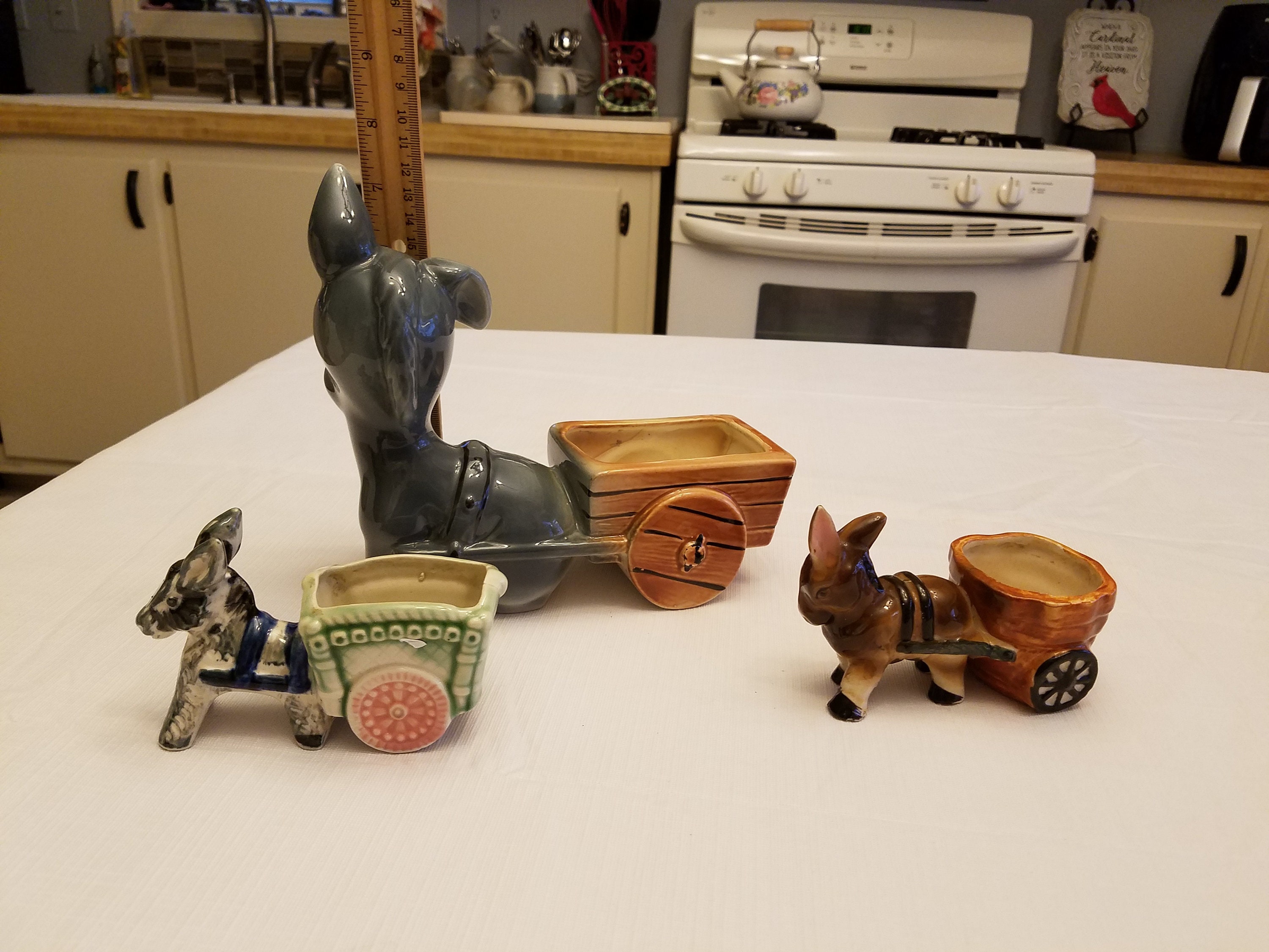 3 antique ceramic donkey pulling cart planters 1950 's Etsy