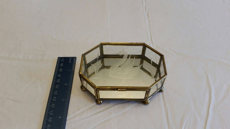 vintage octagon footed brass /& clear glass curio style trinket box case with etched swan and mirror storage retro vanity keepsakes jewelry