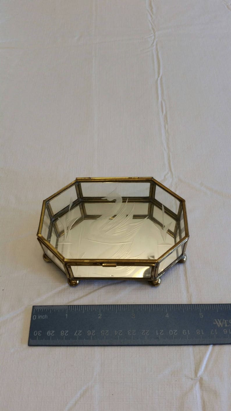 vintage octagon footed brass /& clear glass curio style trinket box case with etched swan and mirror storage retro vanity keepsakes jewelry