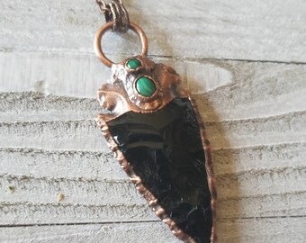 Copper Electroformed Malachite and Obsidian Arrowhead Pendant