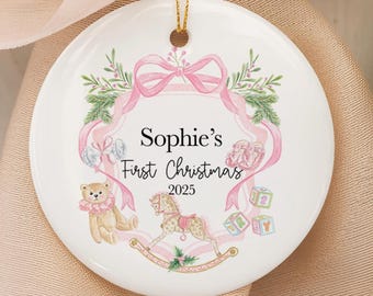 Personalized Baby Ornament First Christmas Ceramic Keepsake Custom Name Girl Pink Bow Teddy Bear Holiday Decoration Newborn Gift Porcelain