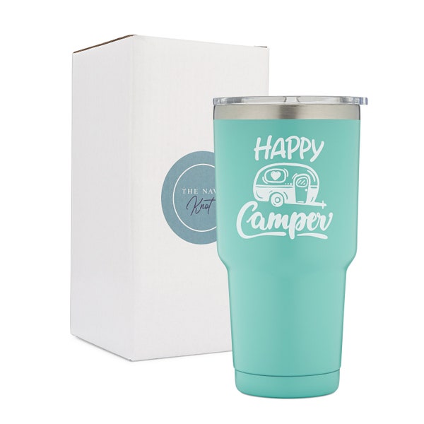 The Navy Knot Happy Camper Tumbler- 30oz - Mint Double Wall Insulation - Outdoor Camping Travel Cup RV Gifts