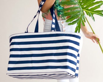 blue and white striped purse