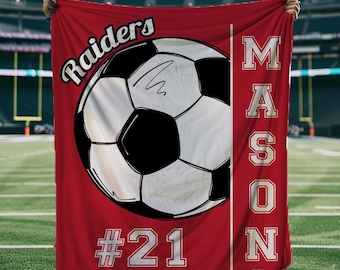 Gepersonaliseerde sportteamdeken met voetbalontwerp, kindermascottecadeau, aanpasbare naam, teamgeestdecor, verjaardags- of vakantiecadeau