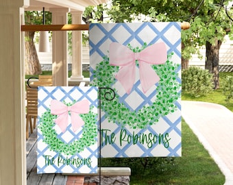 Personalized Mothers Day Garden Flag Pink Bow Wreath Custom Family Name Flag Preppy Spring Porch Decor Mothers Day Gift Yard Flag Floral