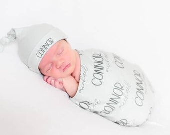 Baby Swaddle Set with Hat and Headband Custom Name Newborn Gift for Girl Nursery Set Soft Bundle Infant Wear Photography Prop Baby Shower