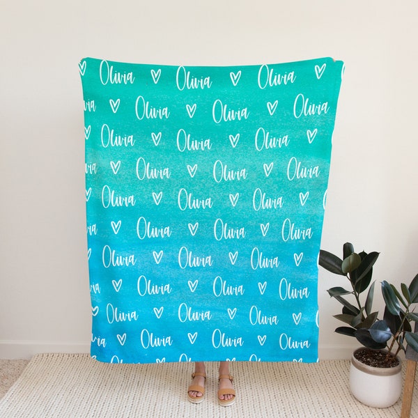 Name Blanket - Blue Teal Ombre - Blanket for Baby Kids Youth Teenager Adult Plush Fleece Minky Sherpa Text Initials Monogram Gifts