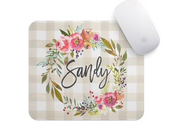 Personalized Mouse Pad - Plaid Floral Wreath - Personalized Mouse Pad Mousepad Mouse Pad Office Desk Accessories Cubicle Coworker Gift