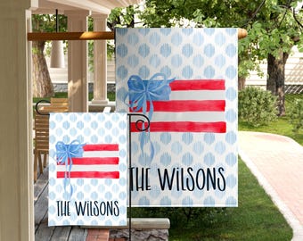 Gepersonaliseerde patriottische tuinvlag aangepaste familienaam vlag Americana boog veranda decor Fourth of July Preppy kustwerf vlag cadeau