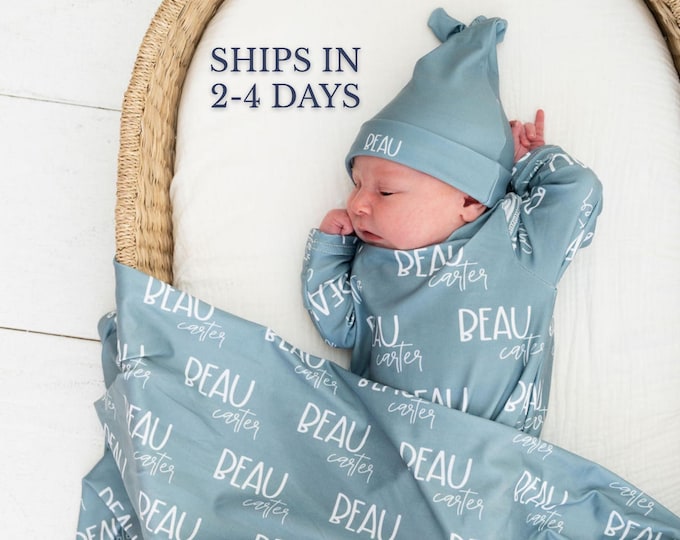 Baby Swaddle Set with Hat Newborn Name Blanket Custom Name Newborn Gift for Girl Nursery Bundle Infant Wear Photography Prop Baby Shower