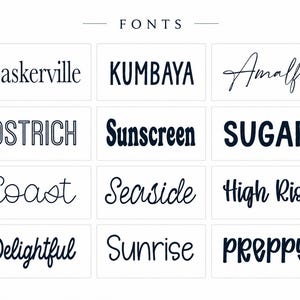 a collection of various font styles and names, including "Baskerville", "Kumbaya", "Amalfi", "Ostrich", "Sunscreen", "Sugar", "Coast", "Seaside", "High Rise", "Delightful", "Sunrise", and "preppy".