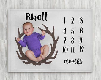 Milestone Blanket - Baby Boy Milestone Blanket - Baby Month Blanket - Antlers - Rustic