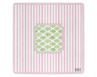Personalized Pink Stripe Mahjong Mat Custom Monogram Mahjong Mat Preppy Coastal Shell Pattern Mahjong Gift Grandmillennial Game Table Cover